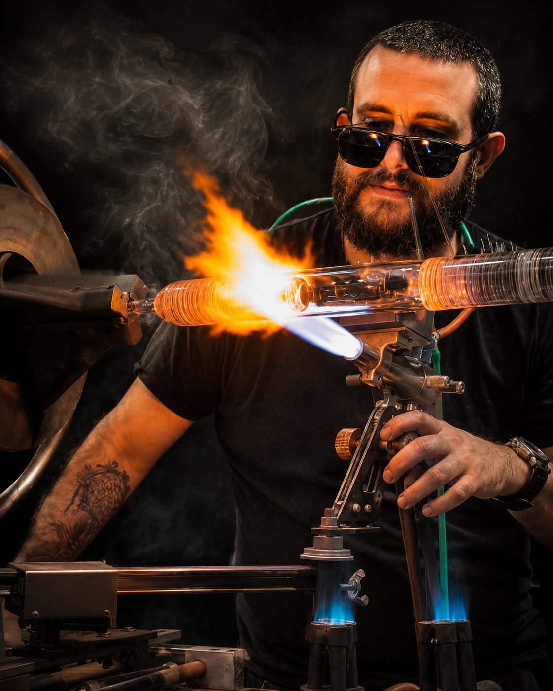 Shayne Treso Lefrancois shaping borosilicate tube on the torch in his Salem studio
