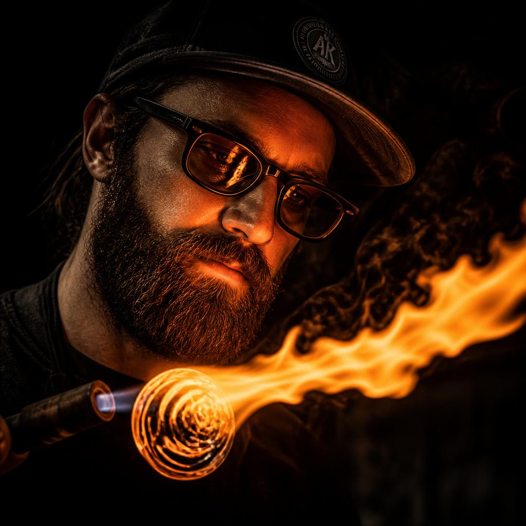 Dan Longden in the hot seat, lit by torch flame