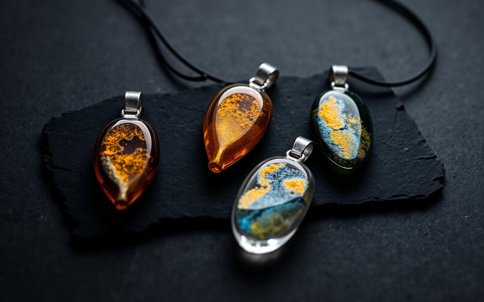 Fumed borosilicate glass pendants arranged on dark slate