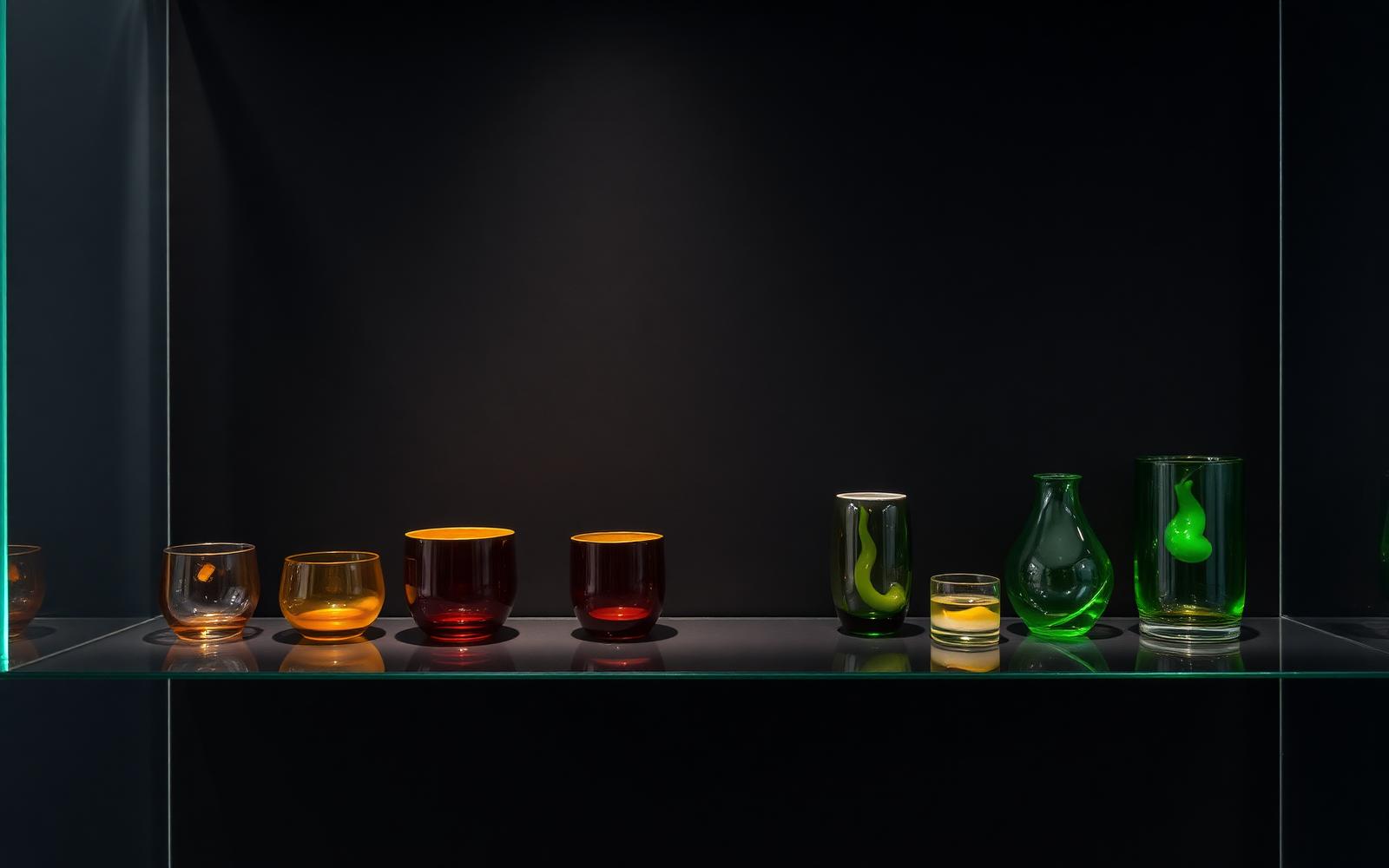 Shelf of handmade borosilicate glass cups and vessels under gallery lighting